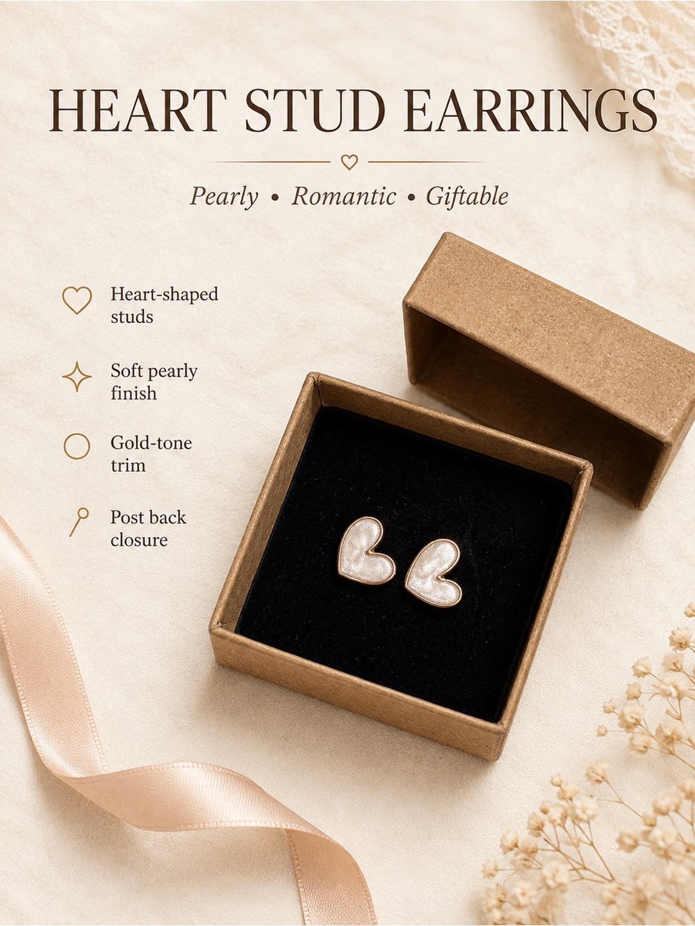Pearl Heart Stud Earrings | Gold Tone Romantic Minimalist Earrings